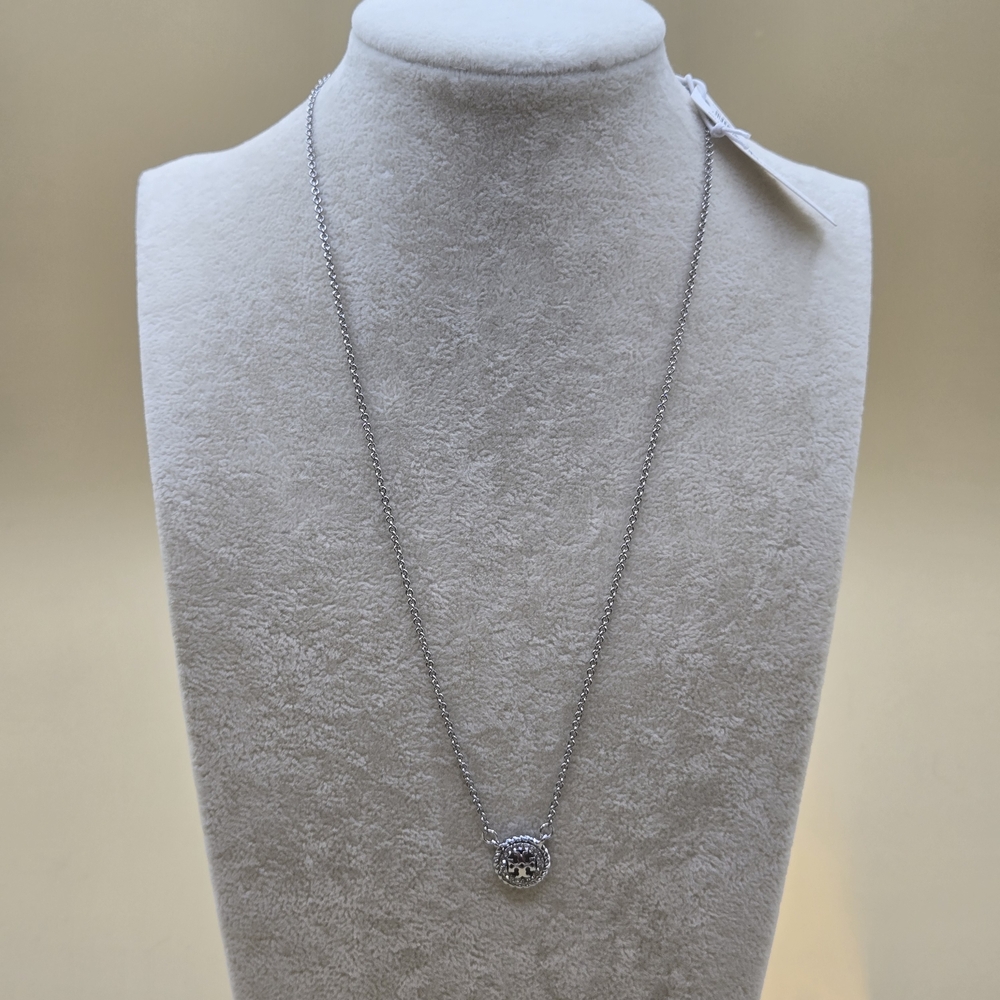 Tory Burch Silver-Tone Round Logo Pendant Necklace with Crystal Halo - Picture 2 of 5